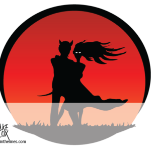 Silhouette of a lady and the devil embracing in dance