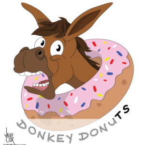 A smiling donkey pokes his head through the centre of a donut