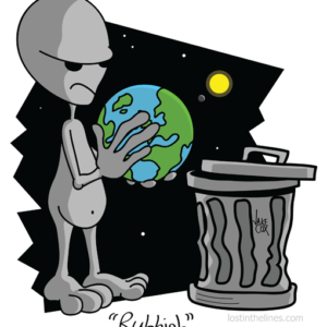 A grey alien stands holding the Earth in its hands