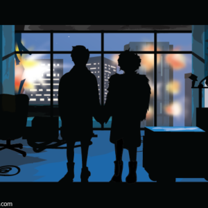 Silhouette of a man and woman watching buildings explode