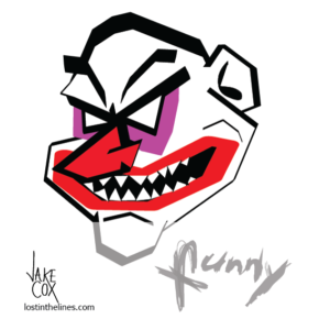 Evil clown face with sharp pointy teeth