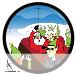 Santa and Mrs Claus riding in a sleigh as seen through the scope of a sniper rifle