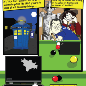 A man attempts a snooker trick shot inside the Tardis of Doctor Who