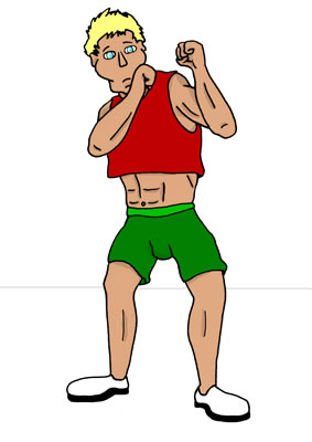 Blonde-haired, blue-eyed man in midriff vest and shorts