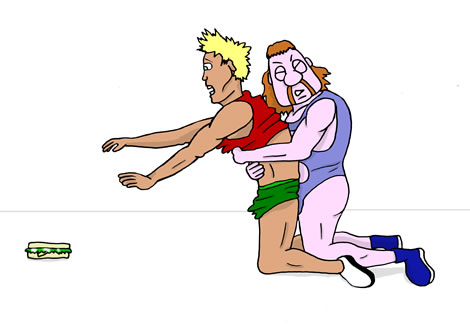 The mullet man applies a waist lock from behind the blonde man
