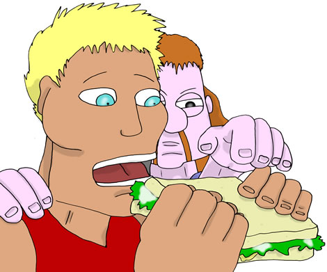 A blonde man clutches a sandwich as another hand reaches in towards it