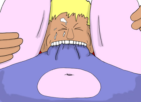 The blonde-haired man bites his opponent's genitals