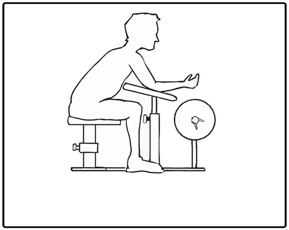 Man sat at arm curl machine.