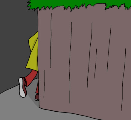 A young man runs around a corner