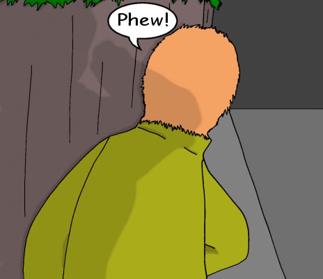 A terrified young man looks around a corner and is relieved to see he's alone