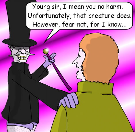 A strange-looking man in purple swimming trunks and top hat places a hand on a young man's shoulder as he speaks