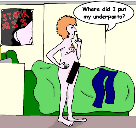 A naked young man wonders where his underpants are