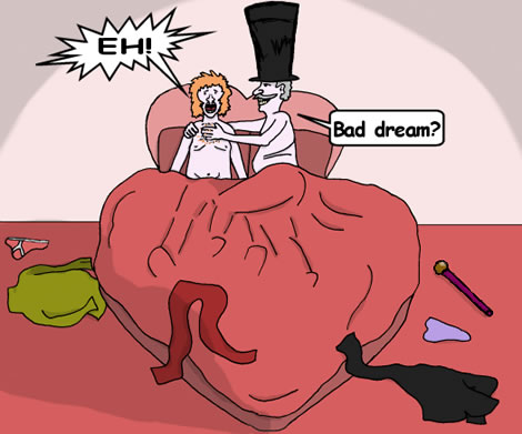 A man wakes from a nightmare next to an older man wearing a top hat