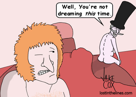 A top hat-wearing man in bed tells a young man he isn't dreaming