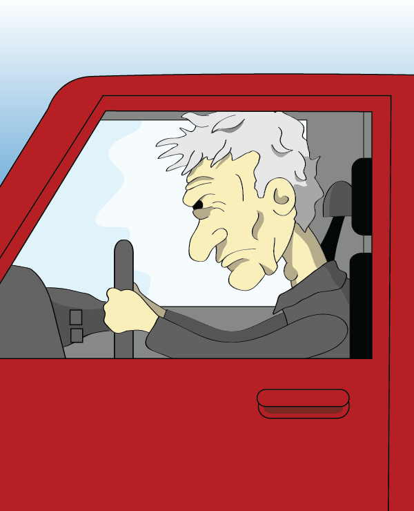 A miserable man drives his car
