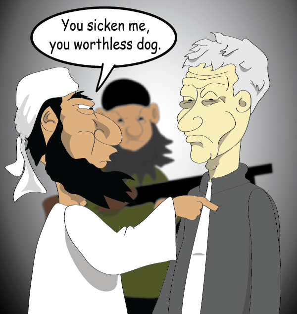 The evil leader prods a fingers into the miserable man's chest