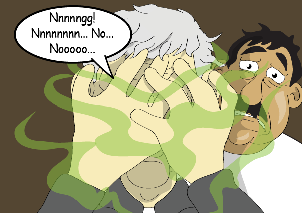 Green smoke surrounds the miserable man