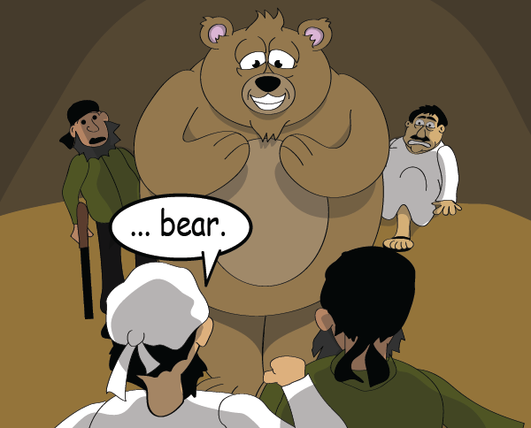 A large cute bear stands before the men in the cave