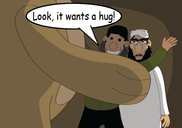 The large cute bear wants a hug from the henchman