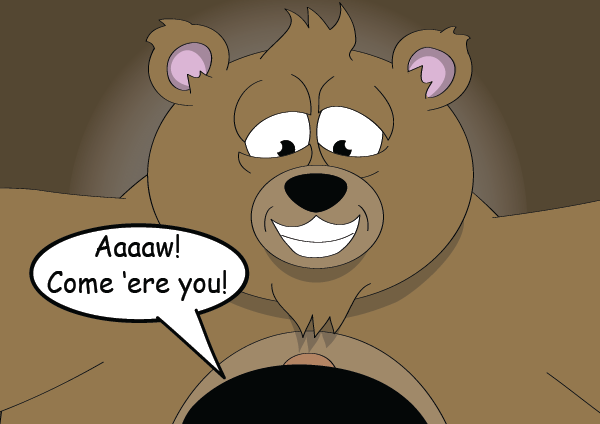 The large cute bear smiles down at the henchman as they prepare to hug