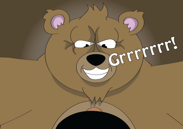 The large cute bear's smile changes to a sinister grin