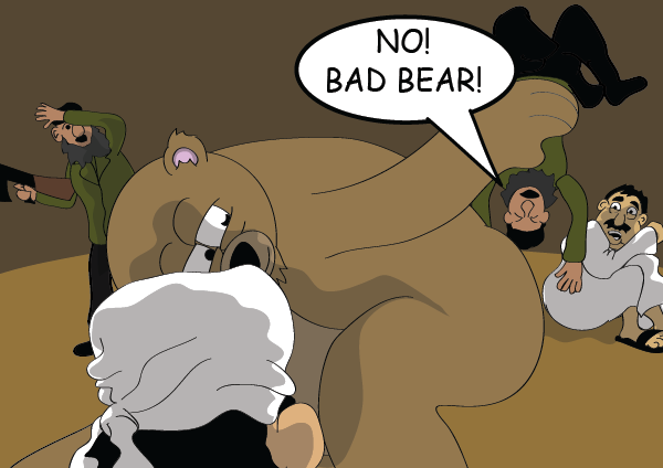 The large cute bear prepares to insert the henchman into his bottom
