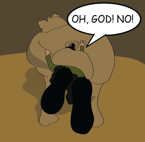 The henchman is moved towards the bear's anus