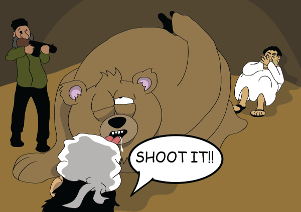 The bear is on his knees bent over, finishing the insertion