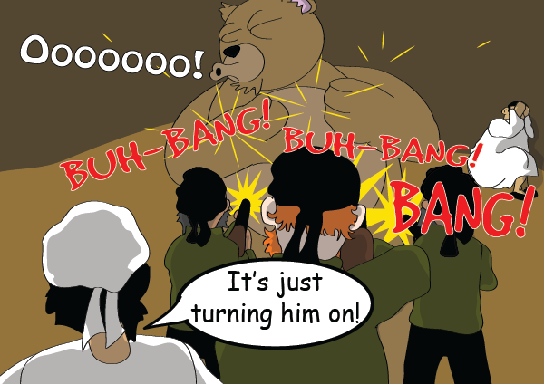 The henchmen open fire on the large cute bear