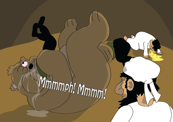 The bear begins inserting more henchmen into his orifices