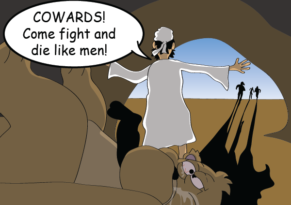 The henchmen flee, leaving their leader with the bear