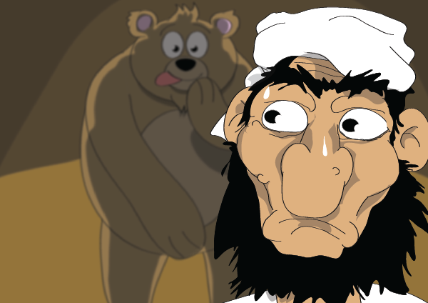 The evil leader realises the bear is now looking at him