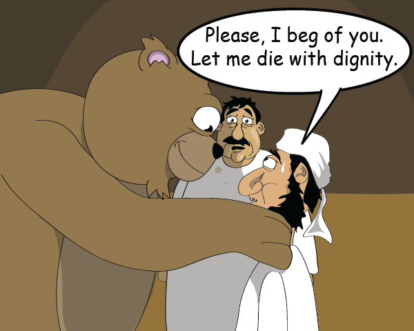 The evil leader pleads with the bear for a dignified death