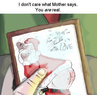 It's now we learn the contents of the picture frame clutched in the man's hand; a photo of Santa waving with his other hand blowing a kiss