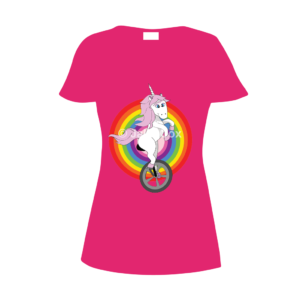 A white unicorn with a pink unibrow and pink mane rides a unicycle