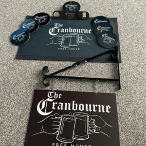 The Cranbourne pub sign, beer mats, bar mat and bottle opener