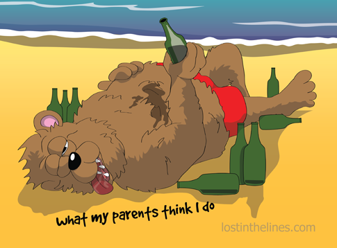 The Seabear is lying on a beach (with a sunset in the background); he's barely conscious after too many beers