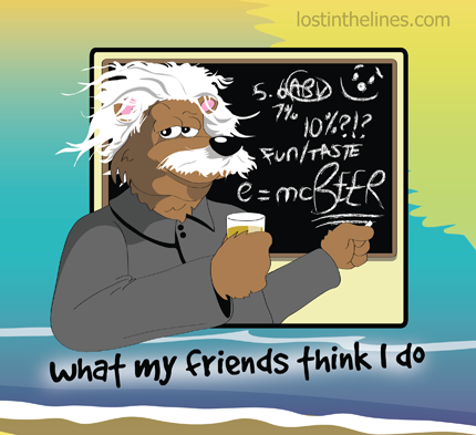 The Seabear character as Albert Einstein (white moustache, white hair, suit and looking generally very intelligent)