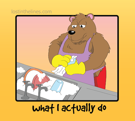 The Seabear is wearing a purple apron and yellow rubber gloves as he stands before a kitchen sink with the bowl filled with plates and a glass