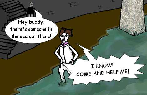 The man in the white suit is pulling up his trousers as he rushes into the sea