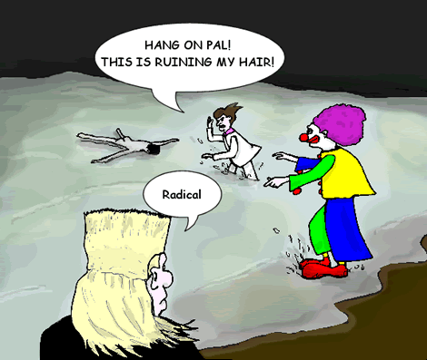 The suited man is now nearly waist deep in the water, wading out towards a naked body floating face down with arms and legs outstretched in a star shape