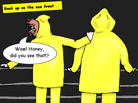 The yellow jacketed couple are still up on the street looking down