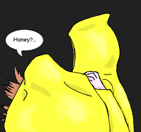 She turns to look at her partner, his face obscured by the side of his hood
