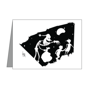 Black and white stencil of an evil Santa chasing two children up a mountainside