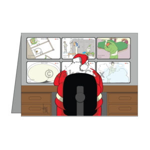 Santa sits watching six screens displaying inappropriate surveillance footage of elves