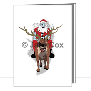 A blue-skinned Santa with black eyes sits astride an equally ghoulish reindeer