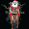 A blue-skinned Santa with black eyes sits astride an equally ghoulish reindeer