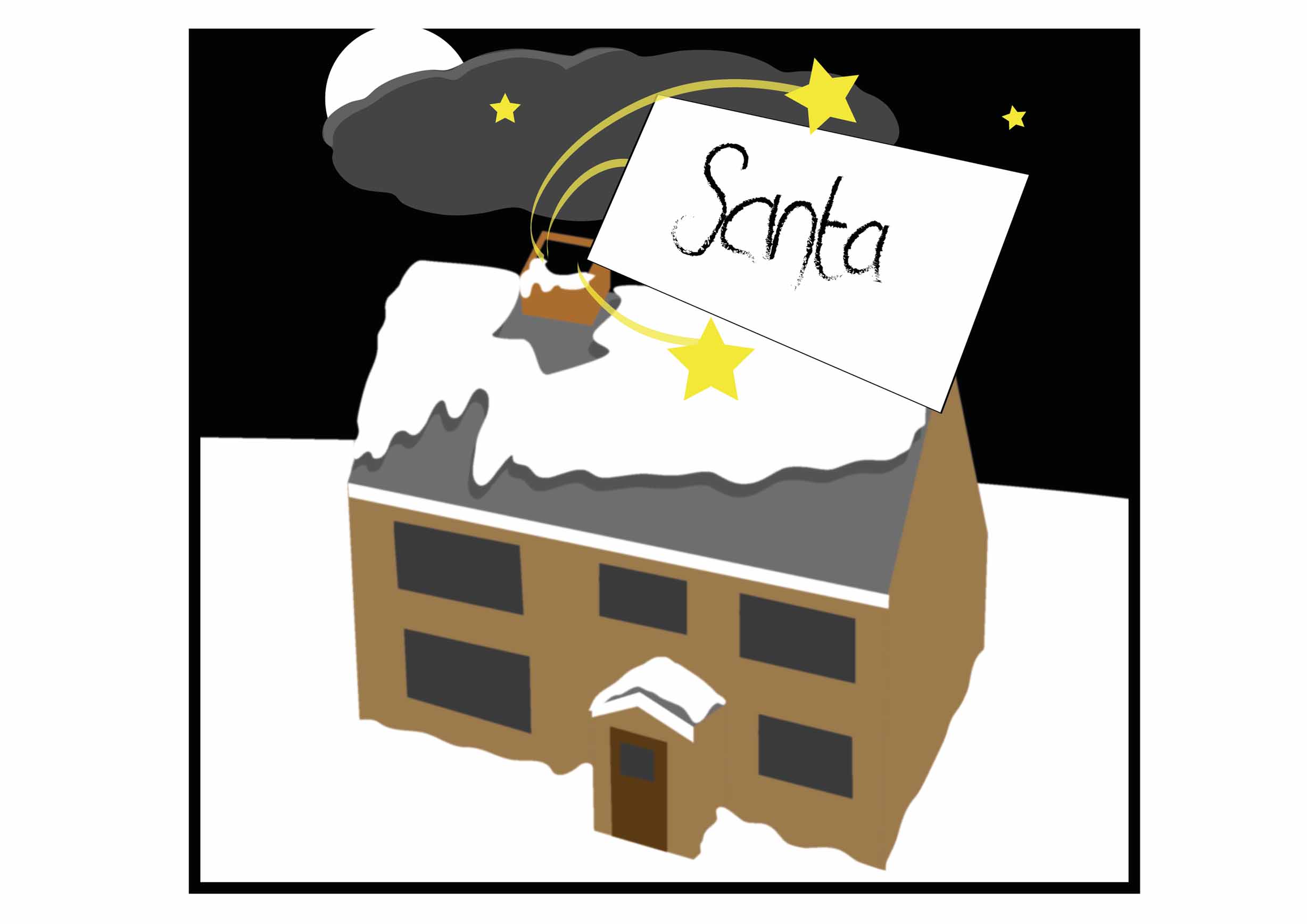 The boy's letter to Santa flies out of the chimney and through the night sky