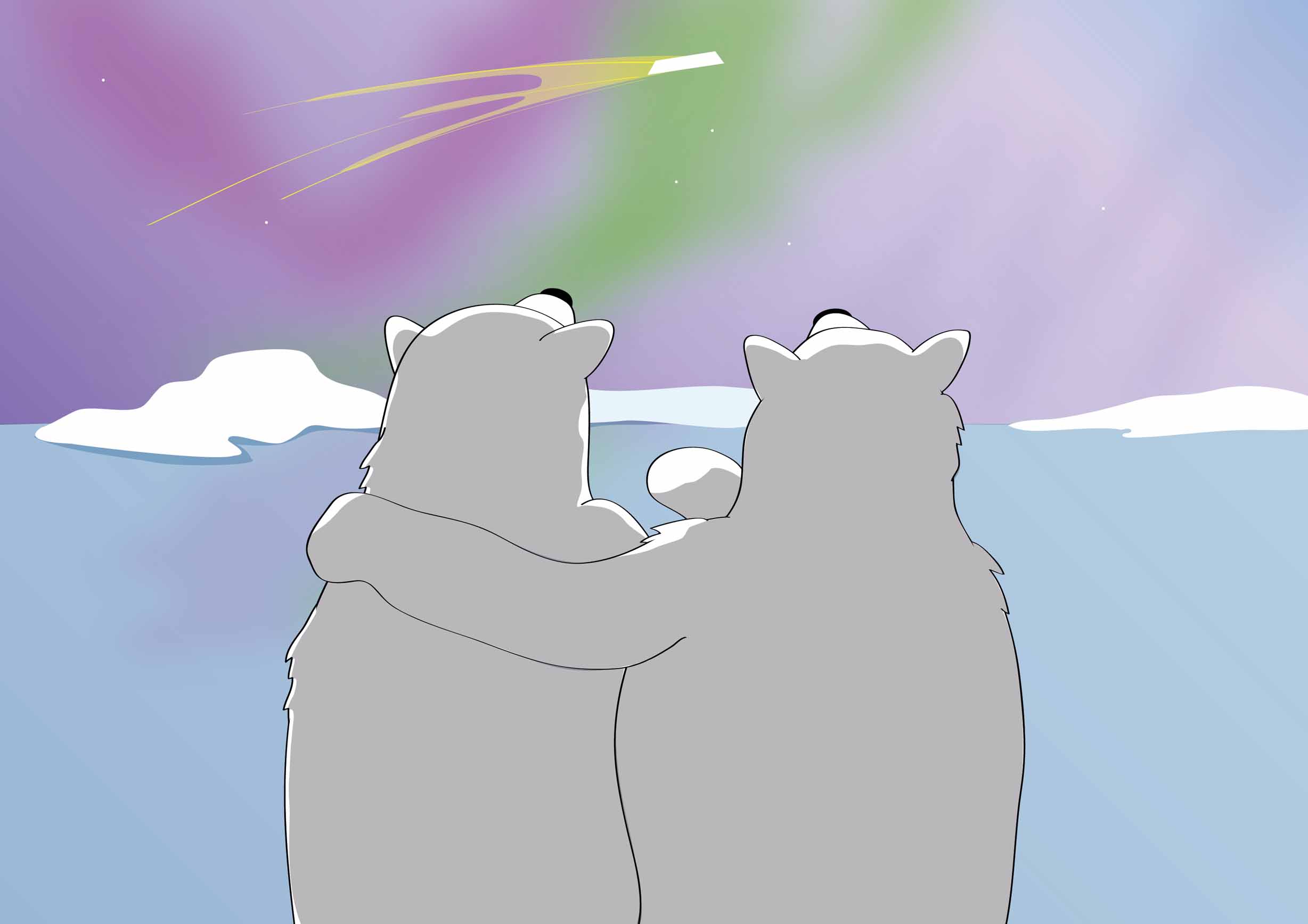 Two polar bears look up as the little boy's letter to Santa flies past through a sky lit up with the Northern lights