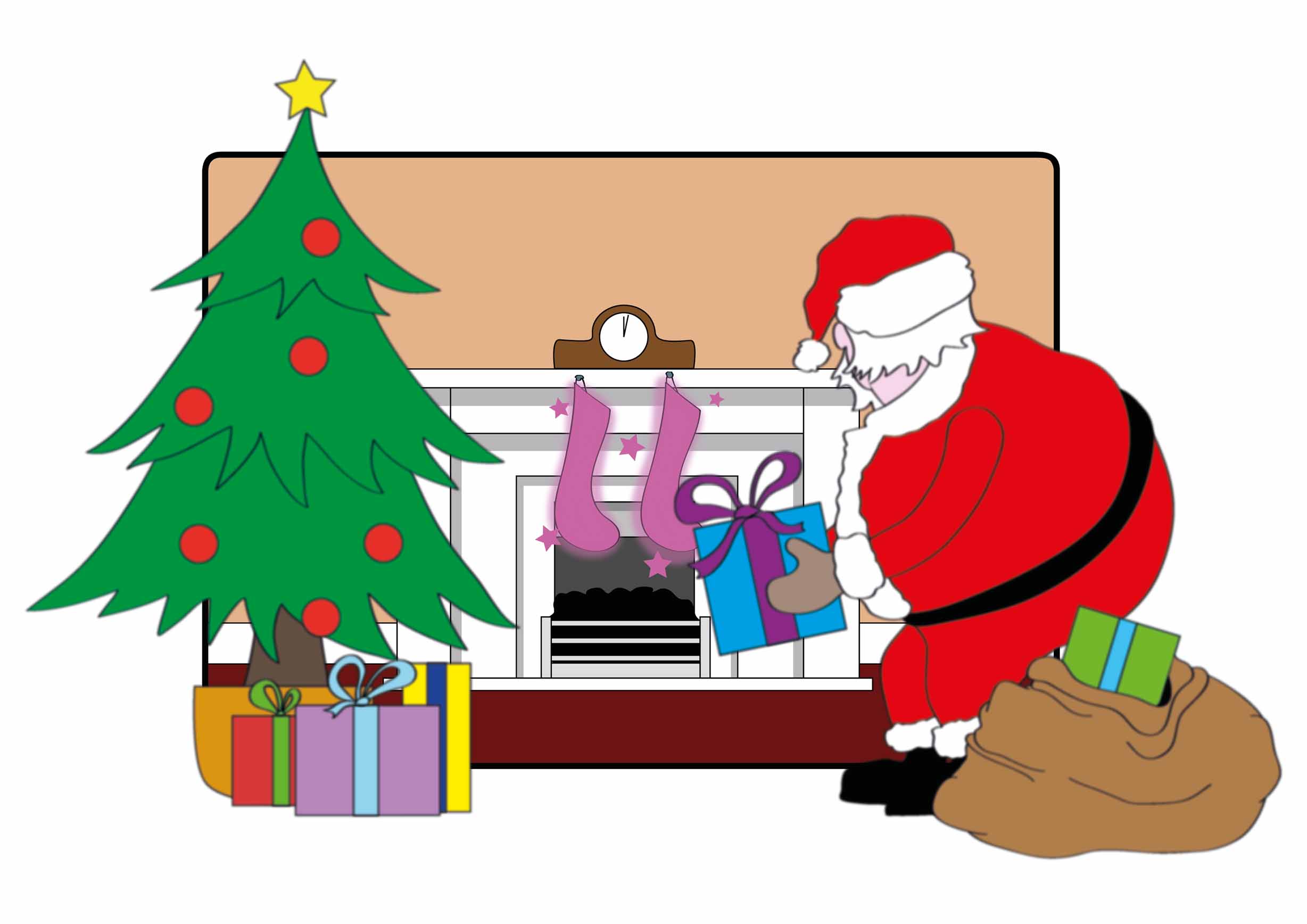 Santa notices a pair of pink stockings hanging from the fireplace